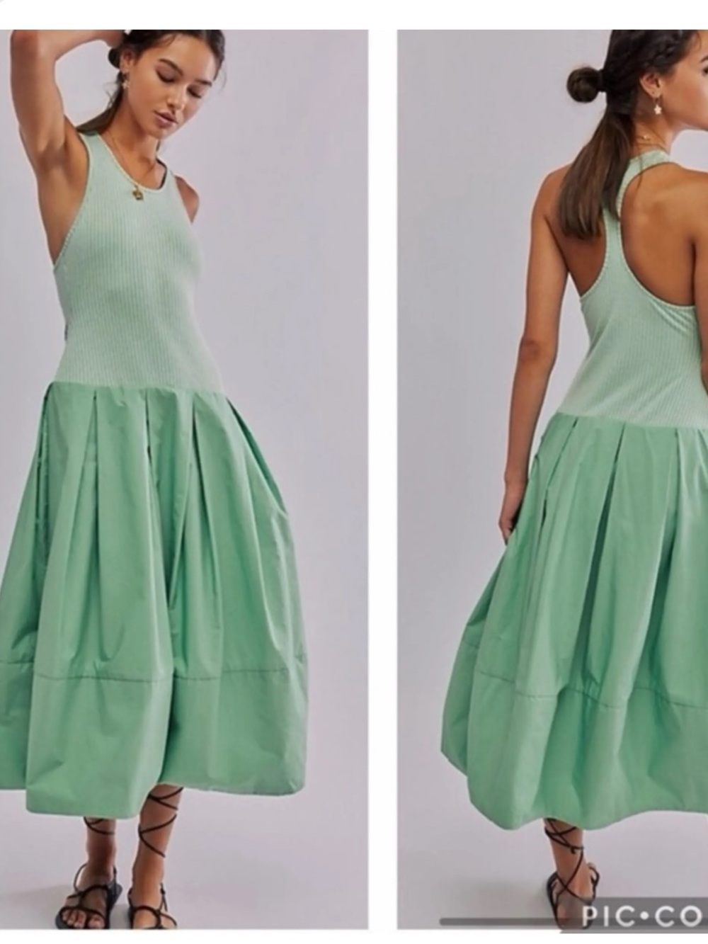 FREE PEOPLE Dress  Drops Of Venus Midi Dress Green Medium Racerback bubble boho